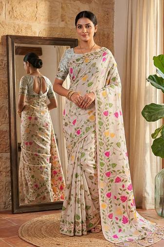 Off white linen cotton blend saree with floral print