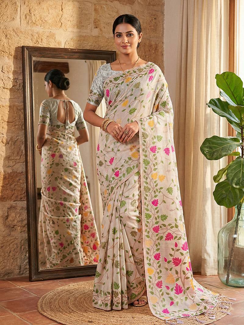 Off white linen cotton blend saree with floral print