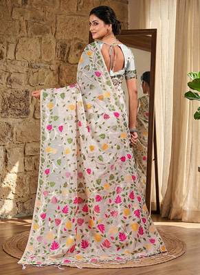 Off white linen cotton blend saree with floral print 2