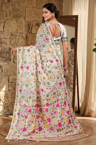 Off white linen cotton blend saree with floral print