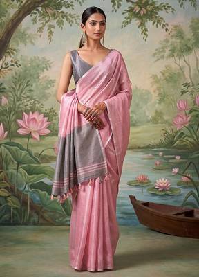 Pink tissue linen blend saree with grey contrast blouse 1
