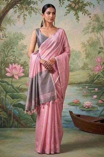 Pink tissue linen blend saree with grey contrast blouse
