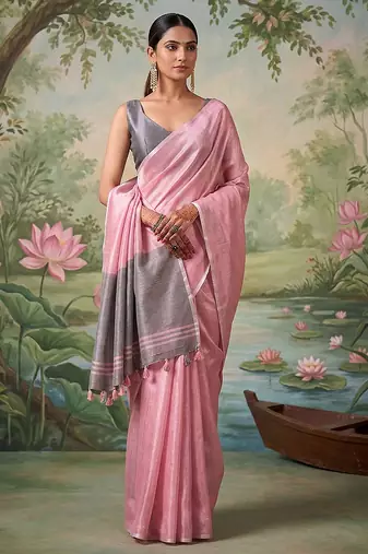 Pink tissue linen blend saree with grey contrast blouse
