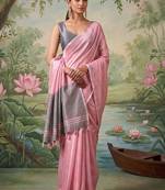 Pink tissue linen blend saree with grey contrast blouse