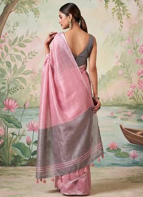 Pink tissue linen blend saree with grey contrast blouse 2