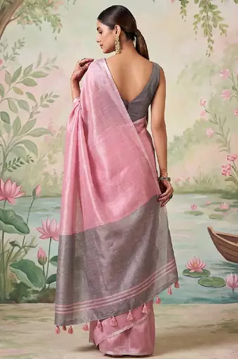 Pink tissue linen blend saree with grey contrast blouse