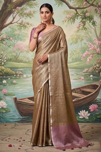 Chiku tissue linen blend saree with onion pink  contrast blouse