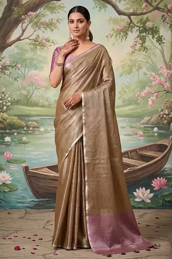 Chiku tissue linen blend saree with onion pink  contrast blouse