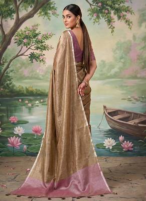 Chiku tissue linen blend saree with onion pink  contrast blouse 2