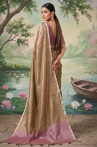 Chiku tissue linen blend saree with onion pink  contrast blouse