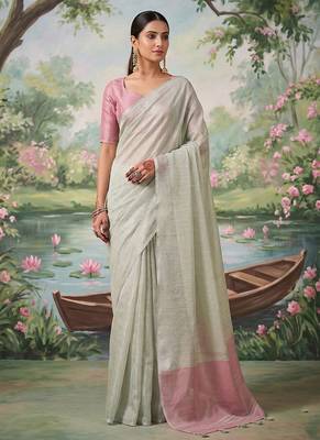 Off white tissue linen blend saree with pink contrast blouse 1