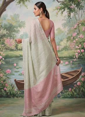 Off white tissue linen blend saree with pink contrast blouse 2