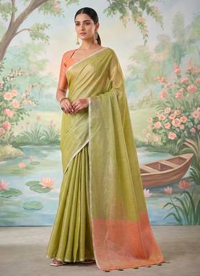 Light olive green tissue linen blend saree with prach contrast blouse 1
