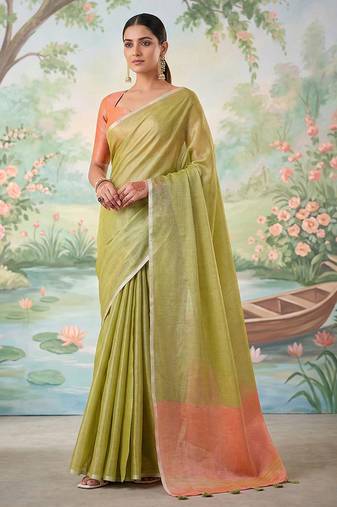 Light olive green tissue linen blend saree with prach contrast blouse
