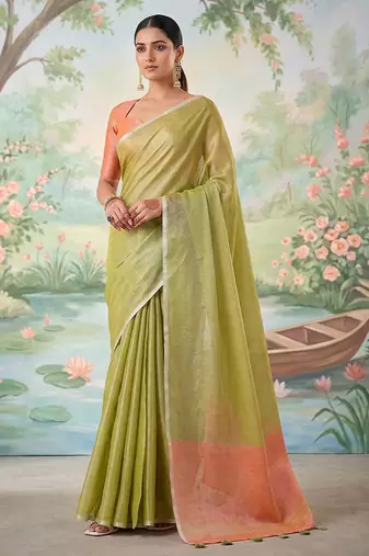 Light olive green tissue linen blend saree with prach contrast blouse