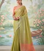Light olive green tissue linen blend saree with prach contrast blouse