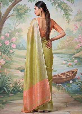 Light olive green tissue linen blend saree with prach contrast blouse 2