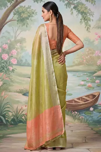 Light olive green tissue linen blend saree with prach contrast blouse