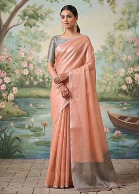Peach tissue linen blend saree with grey contrast blouse 1