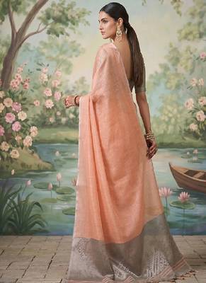 Peach tissue linen blend saree with grey contrast blouse 2