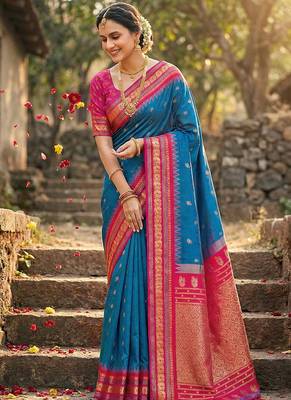 Royal blue banarasi silk blend saree with rani pink zari border 3
