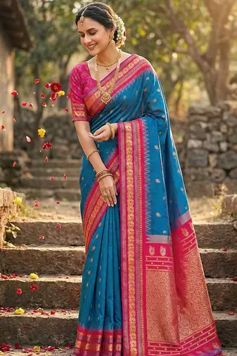 Royal blue banarasi silk blend saree with rani pink zari border