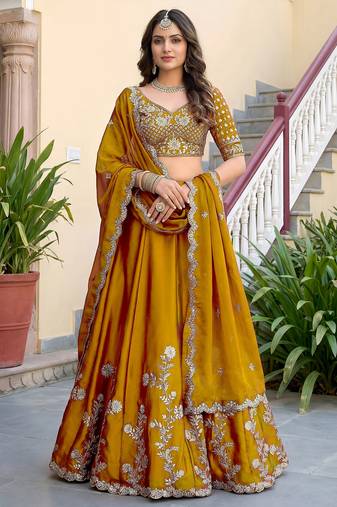 Glamorous Mustard gold-Yellow Dori, Zari, and Sequins Embroidered Rangoli Silk designer lehenga