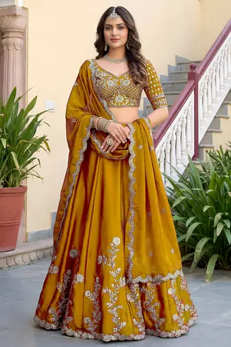 Glamorous Mustard gold-Yellow Dori, Zari, and Sequins Embroidered Rangoli Silk designer lehenga