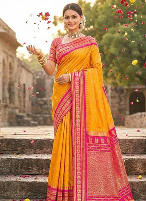 Mustard banarasi silk blend saree with rani pink zari border 2