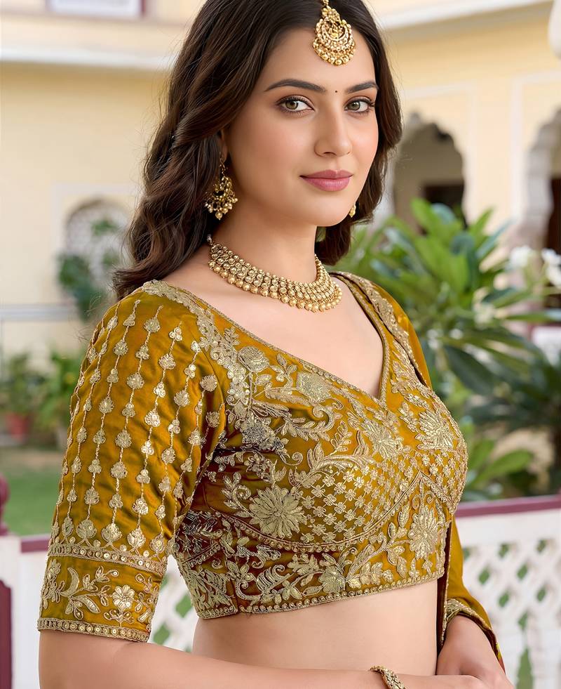 Glamorous Mustard gold-Yellow Dori, Zari, and Sequins Embroidered Rangoli Silk designer lehenga