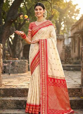 Off white banarasi silk blend saree with red zari border 1