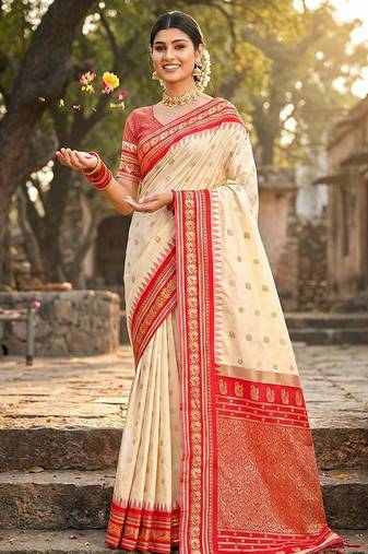 Off white banarasi silk blend saree with red zari border