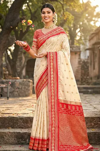 Off white banarasi silk blend saree with red zari border