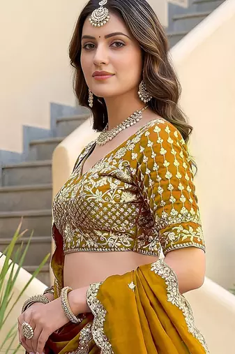 Glamorous Mustard gold-Yellow Dori, Zari, and Sequins Embroidered Rangoli Silk designer lehenga