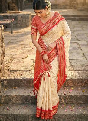 Off white banarasi silk blend saree with red zari border 3