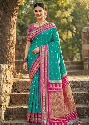 Sea green banarasi silk blend saree with magenta pink zari border 1