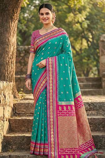 Sea green banarasi silk blend saree with magenta pink zari border