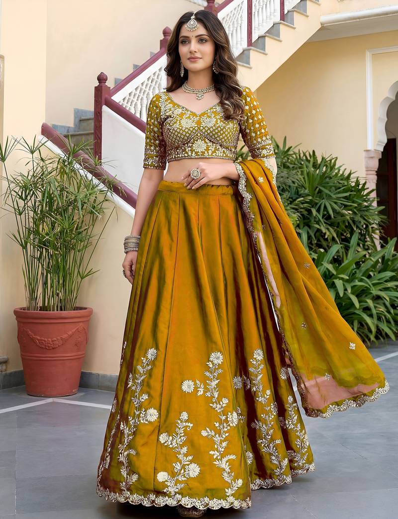 Glamorous Mustard gold-Yellow Dori, Zari, and Sequins Embroidered Rangoli Silk designer lehenga