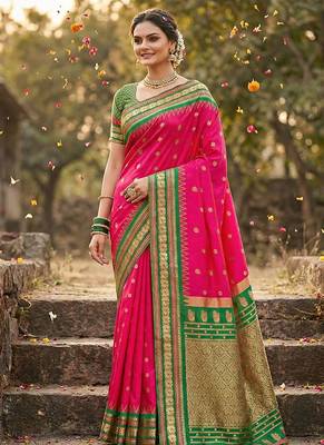 Rani pink banarasi silk blend saree with green zari border 1