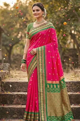 Rani pink banarasi silk blend saree with green zari border