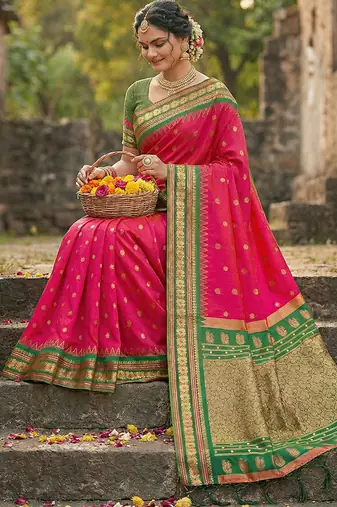 Rani pink banarasi silk blend saree with green zari border
