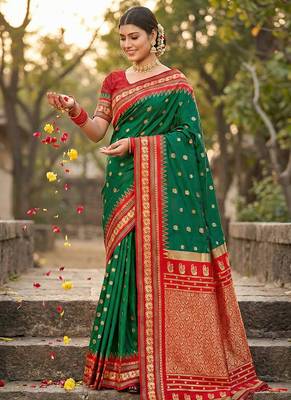 Dark green banarasi silk blend saree with red zari border 1