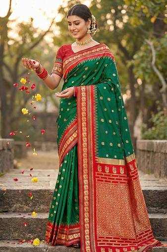 Dark green banarasi silk blend saree with red zari border