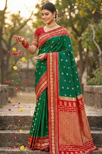 Dark green banarasi silk blend saree with red zari border