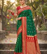 Dark green banarasi silk blend saree with red zari border