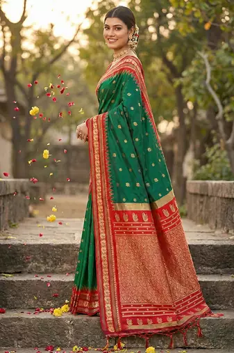 Dark green banarasi silk blend saree with red zari border