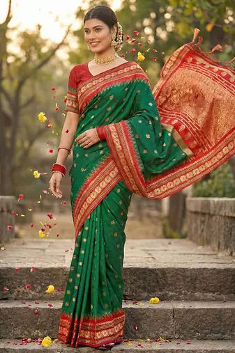 Dark green banarasi silk blend saree with red zari border