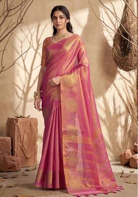 Onion pink linen silk blend saree with gold zari bootas 1