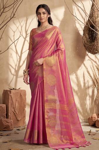 Onion pink faux tissue saree with gold zari bootas