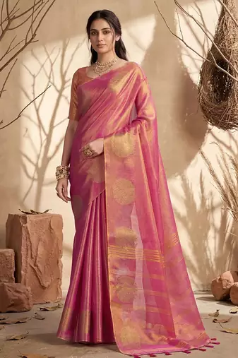 Onion pink linen silk blend saree with gold zari bootas